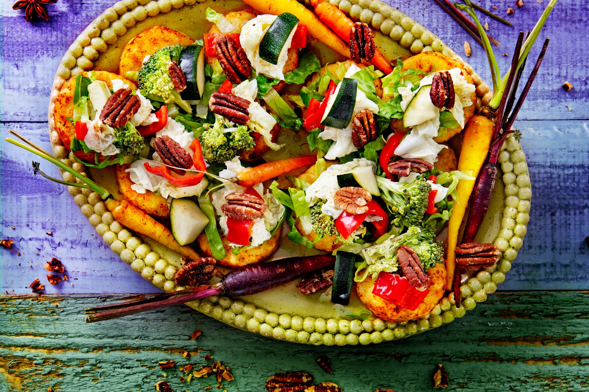 Rösti cu wasabi, legume murate și nuci pecan