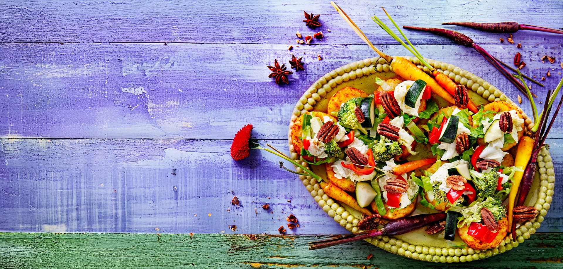 rösti cu wasabi, legume murate și nuci pecan